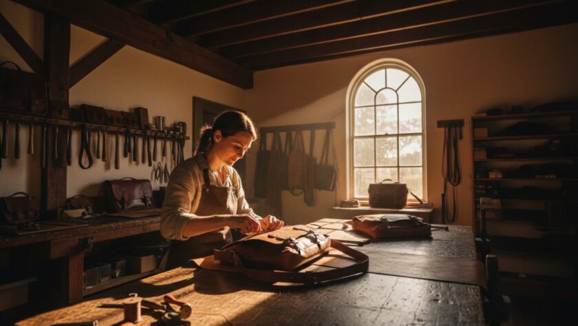A striking wide-angle shot capturing the essence of a heritage building in Clunes, Victoria, during golden hour, showcasing the meticulous craft of a local artisan within their workshop, an epic moment reflecting their dedication. This image is part of a series to Elevate Your Clunes Victoria Brand with Professional Commercial Photography.