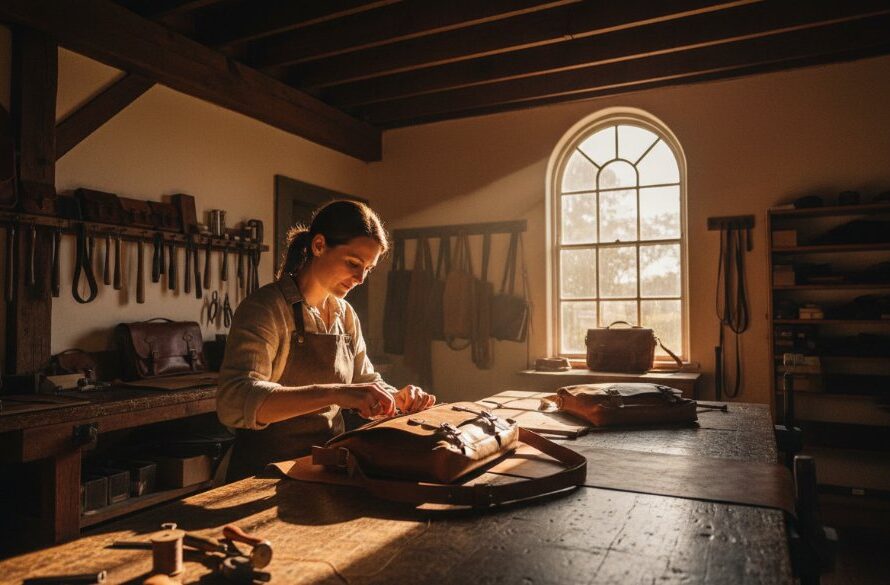 A striking wide-angle shot capturing the essence of a heritage building in Clunes, Victoria, during golden hour, showcasing the meticulous craft of a local artisan within their workshop, an epic moment reflecting their dedication. This image is part of a series to Elevate Your Clunes Victoria Brand with Professional Commercial Photography.