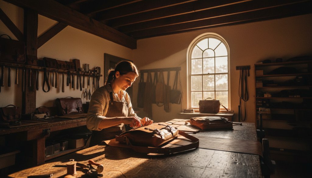 A striking wide-angle shot capturing the essence of a heritage building in Clunes, Victoria, during golden hour, showcasing the meticulous craft of a local artisan within their workshop, an epic moment reflecting their dedication. This image is part of a series to Elevate Your Clunes Victoria Brand with Professional Commercial Photography.