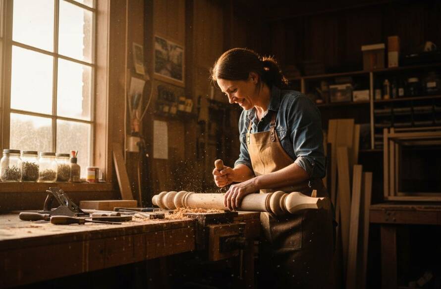 An inspiring wide-angle shot of a local Cranbourne artisan passionately crafting custom furniture in their sunlit workshop, dramatically lit with golden hour light, embodying 'Elevate Cranbourne Brand Visuals with Professional Photography' through authentic, high-quality commercial imagery captured by Image by SD.