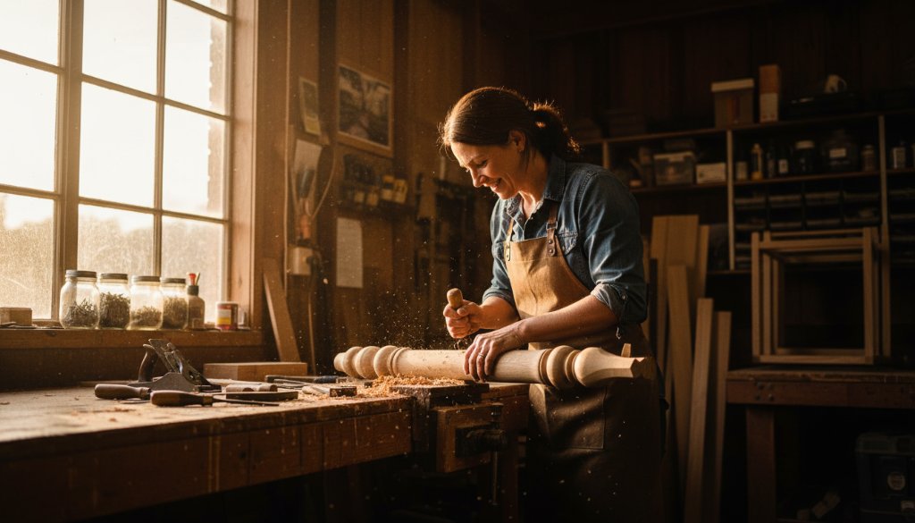 An inspiring wide-angle shot of a local Cranbourne artisan passionately crafting custom furniture in their sunlit workshop, dramatically lit with golden hour light, embodying 'Elevate Cranbourne Brand Visuals with Professional Photography' through authentic, high-quality commercial imagery captured by Image by SD.