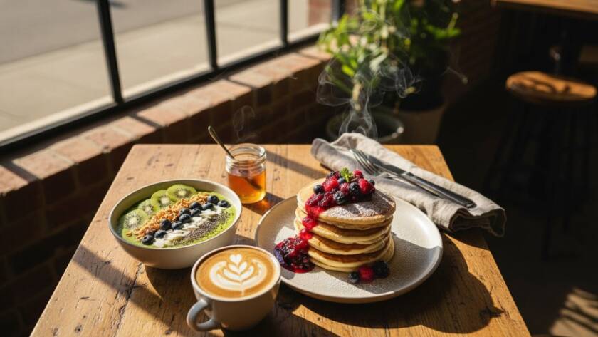 An exquisite overhead shot capturing a perfectly styled brunch platter with avocado toast, poached eggs, and a latte, bathed in soft morning light filtering into a vibrant Cranbourne East cafe, designed to elevate Cranbourne East cafe menus food photography.