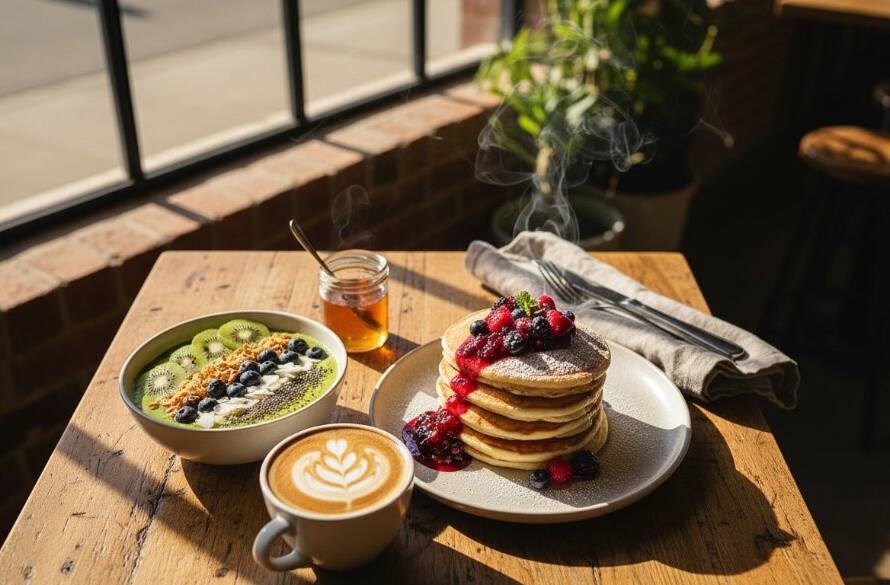 An exquisite overhead shot capturing a perfectly styled brunch platter with avocado toast, poached eggs, and a latte, bathed in soft morning light filtering into a vibrant Cranbourne East cafe, designed to elevate Cranbourne East cafe menus food photography.