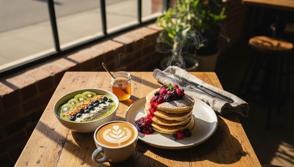 An exquisite overhead shot capturing a perfectly styled brunch platter with avocado toast, poached eggs, and a latte, bathed in soft morning light filtering into a vibrant Cranbourne East cafe, designed to elevate Cranbourne East cafe menus food photography.