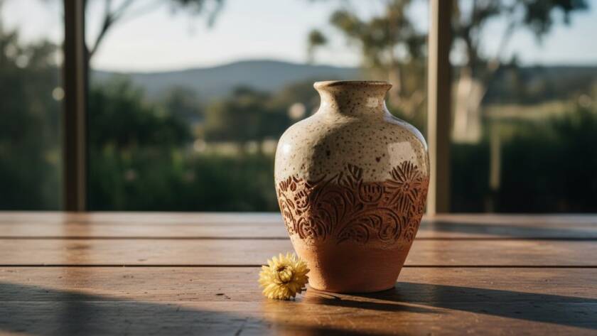 Dramatic, close-up shot of exquisitely crafted ceramic pottery, reflecting warm, golden light in a rustic Croydon artisan studio, highlighting the intricate details of the pieces, perfect for elevating Croydon artisan product photography with professional flair.