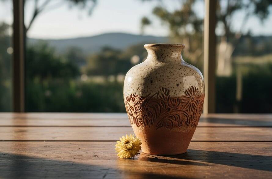 Dramatic, close-up shot of exquisitely crafted ceramic pottery, reflecting warm, golden light in a rustic Croydon artisan studio, highlighting the intricate details of the pieces, perfect for elevating Croydon artisan product photography with professional flair.