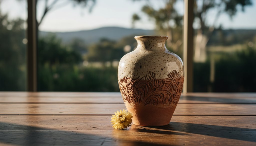 Dramatic, close-up shot of exquisitely crafted ceramic pottery, reflecting warm, golden light in a rustic Croydon artisan studio, highlighting the intricate details of the pieces, perfect for elevating Croydon artisan product photography with professional flair.