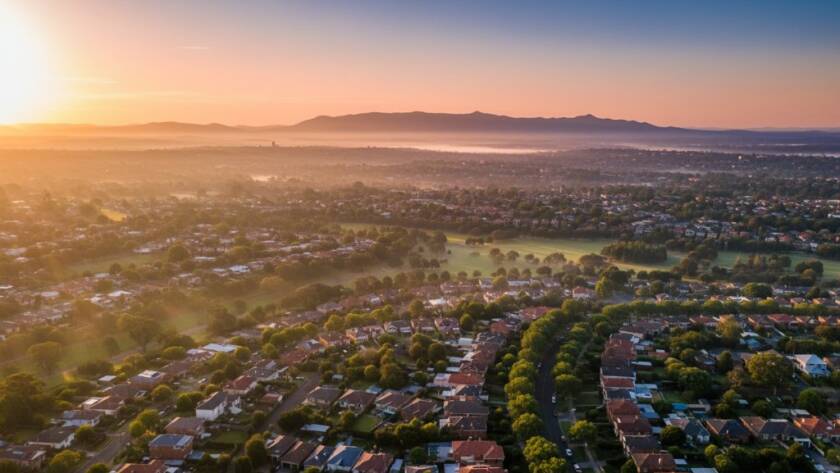 An epic moment captured with 'Elevate Croydon Views Drone Photography', showcasing a stunning sunset over the Croydon hills, with the Dandenong Ranges in the distance, dramatic light illuminating a local park, evoking a sense of peaceful grandeur.