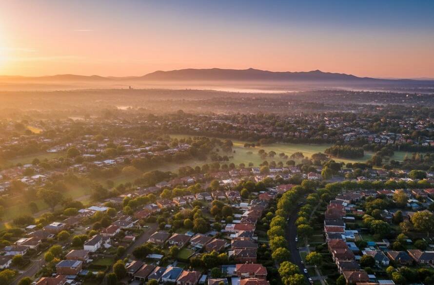 An epic moment captured with 'Elevate Croydon Views Drone Photography', showcasing a stunning sunset over the Croydon hills, with the Dandenong Ranges in the distance, dramatic light illuminating a local park, evoking a sense of peaceful grandeur.