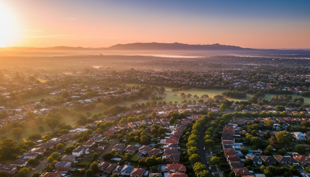 An epic moment captured with 'Elevate Croydon Views Drone Photography', showcasing a stunning sunset over the Croydon hills, with the Dandenong Ranges in the distance, dramatic light illuminating a local park, evoking a sense of peaceful grandeur.