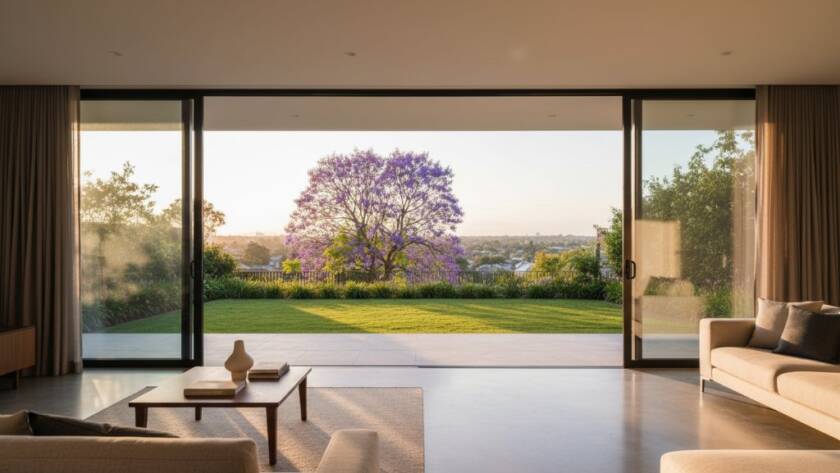 A wide-angle, cinematic shot showcasing a modern, light-filled living room in a Delahey home, with expansive windows revealing a vibrant, sun-drenched backyard. The image, which highlights how we elevate Delahey property listings with expert photography, captures the golden hour light spilling across contemporary furniture, creating a warm and inviting atmosphere that epitomises aspirational living.