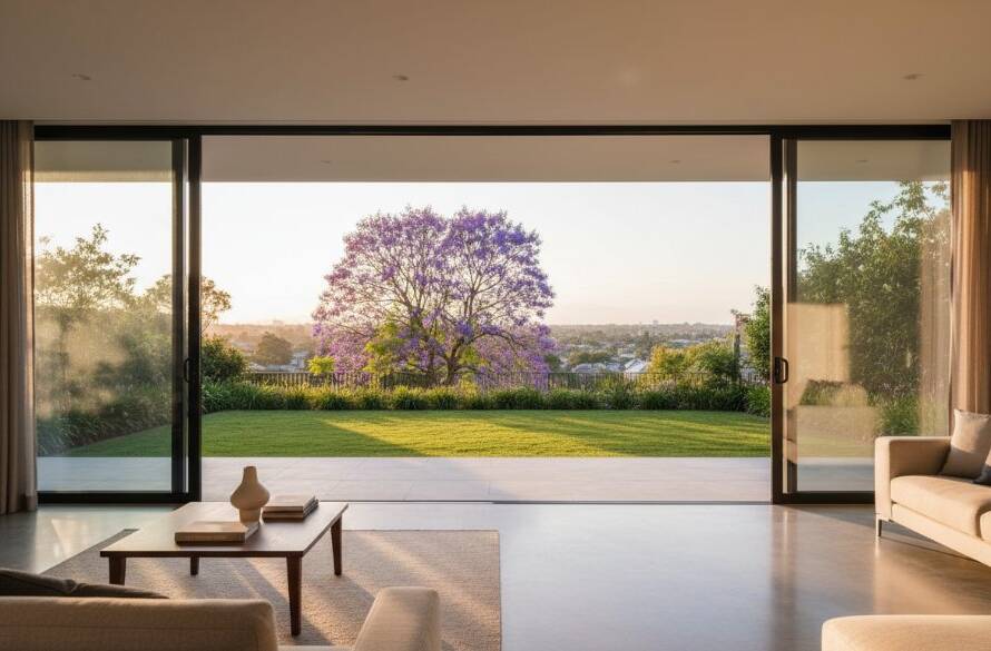 A wide-angle, cinematic shot showcasing a modern, light-filled living room in a Delahey home, with expansive windows revealing a vibrant, sun-drenched backyard. The image, which highlights how we elevate Delahey property listings with expert photography, captures the golden hour light spilling across contemporary furniture, creating a warm and inviting atmosphere that epitomises aspirational living.