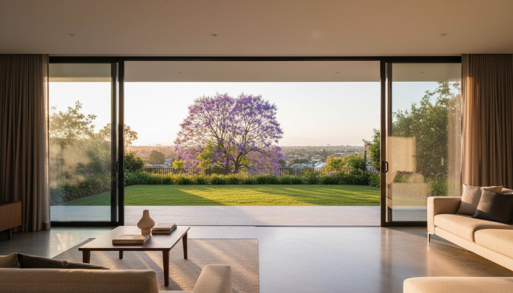 A wide-angle, cinematic shot showcasing a modern, light-filled living room in a Delahey home, with expansive windows revealing a vibrant, sun-drenched backyard. The image, which highlights how we elevate Delahey property listings with expert photography, captures the golden hour light spilling across contemporary furniture, creating a warm and inviting atmosphere that epitomises aspirational living.