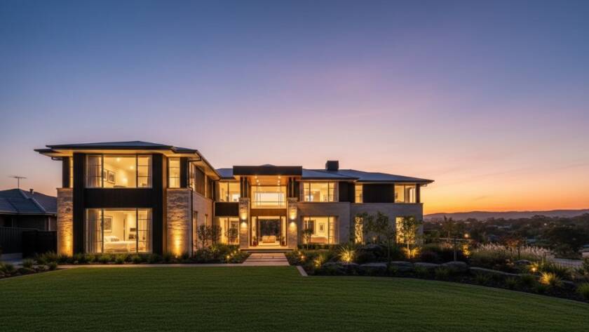 A breathtaking twilight shot capturing a modern family home in Endeavour Hills, Victoria, with warm interior lights glowing, enhancing its curb appeal and demonstrating how to elevate Endeavour Hills property listings with expert photography.