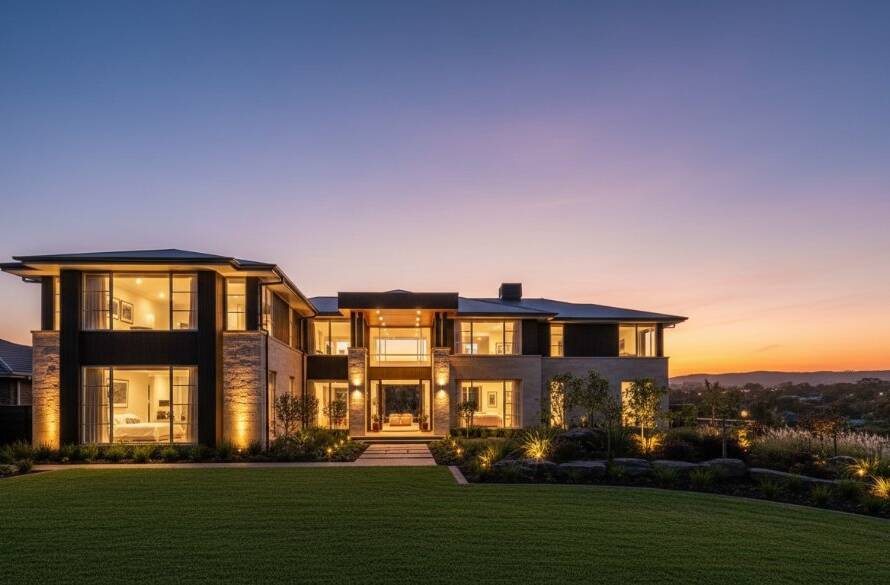 A breathtaking twilight shot capturing a modern family home in Endeavour Hills, Victoria, with warm interior lights glowing, enhancing its curb appeal and demonstrating how to elevate Endeavour Hills property listings with expert photography.