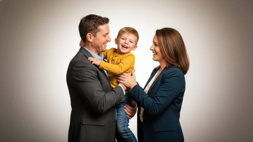 An epic studio photograph capturing a radiant Sandhurst family, parents joyfully lifting their child against a soft, dramatic backdrop, symbolising how Image by SD helps elevate your family's story with premium studio photography Sandhurst.