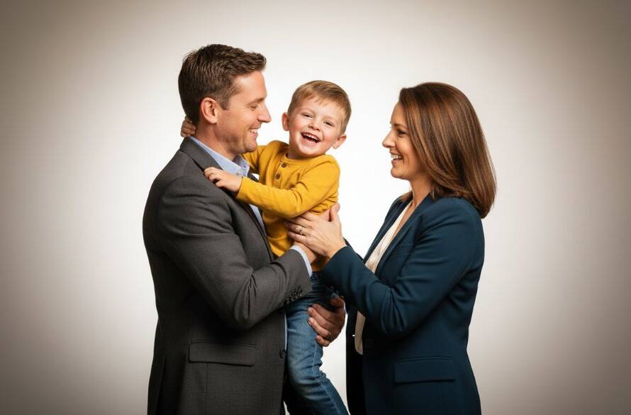 An epic studio photograph capturing a radiant Sandhurst family, parents joyfully lifting their child against a soft, dramatic backdrop, symbolising how Image by SD helps elevate your family's story with premium studio photography Sandhurst.