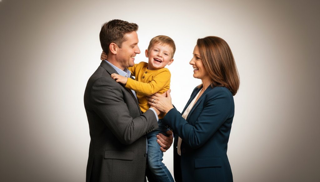 An epic studio photograph capturing a radiant Sandhurst family, parents joyfully lifting their child against a soft, dramatic backdrop, symbolising how Image by SD helps elevate your family's story with premium studio photography Sandhurst.