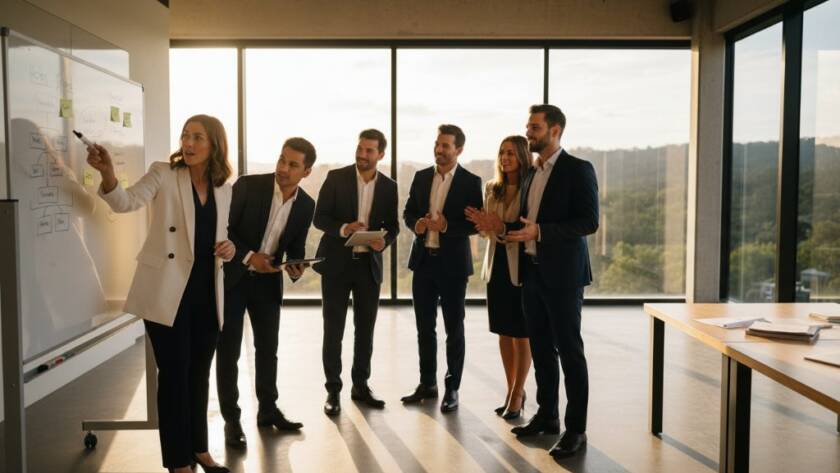 A dynamic, wide-angle shot of a diverse team of professionals collaborating enthusiastically in a modern, light-filled office space in Ferntree Gully, bathed in golden hour sunlight streaming through large windows. The scene captures the energy of collective innovation, with one team member presenting on a screen while others engage in lively discussion. This powerful image to elevate Ferntree Gully corporate branding photography showcases a modern, thriving business environment with genuine connection and expertise.