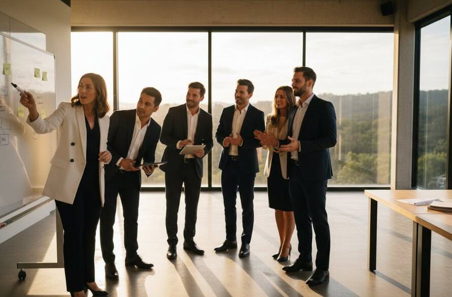 A dynamic, wide-angle shot of a diverse team of professionals collaborating enthusiastically in a modern, light-filled office space in Ferntree Gully, bathed in golden hour sunlight streaming through large windows. The scene captures the energy of collective innovation, with one team member presenting on a screen while others engage in lively discussion. This powerful image to elevate Ferntree Gully corporate branding photography showcases a modern, thriving business environment with genuine connection and expertise.