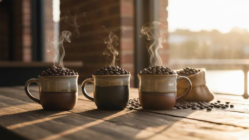 A dramatic close-up of beautifully styled artisan coffee beans from a Footscray small business, expertly lit to elevate Footscray small business product photography, showcasing rich textures and vibrant colours on a rustic wooden table with the Maribyrnong River in the soft background.