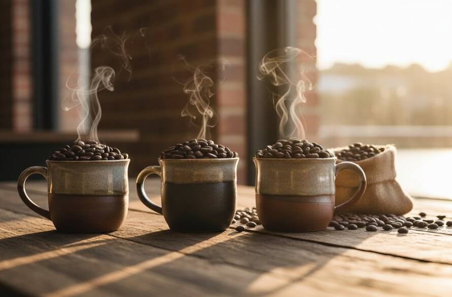 A dramatic close-up of beautifully styled artisan coffee beans from a Footscray small business, expertly lit to elevate Footscray small business product photography, showcasing rich textures and vibrant colours on a rustic wooden table with the Maribyrnong River in the soft background.
