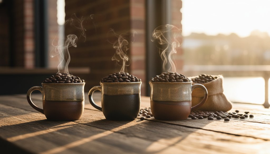A dramatic close-up of beautifully styled artisan coffee beans from a Footscray small business, expertly lit to elevate Footscray small business product photography, showcasing rich textures and vibrant colours on a rustic wooden table with the Maribyrnong River in the soft background.