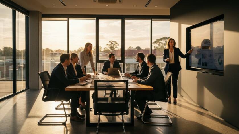 Dynamic wide-angle photograph capturing a diverse team of professionals in Forest Hill, expertly lit and smiling confidently in a modern office space, showcasing how to elevate Forest Hill business image with corporate photography.