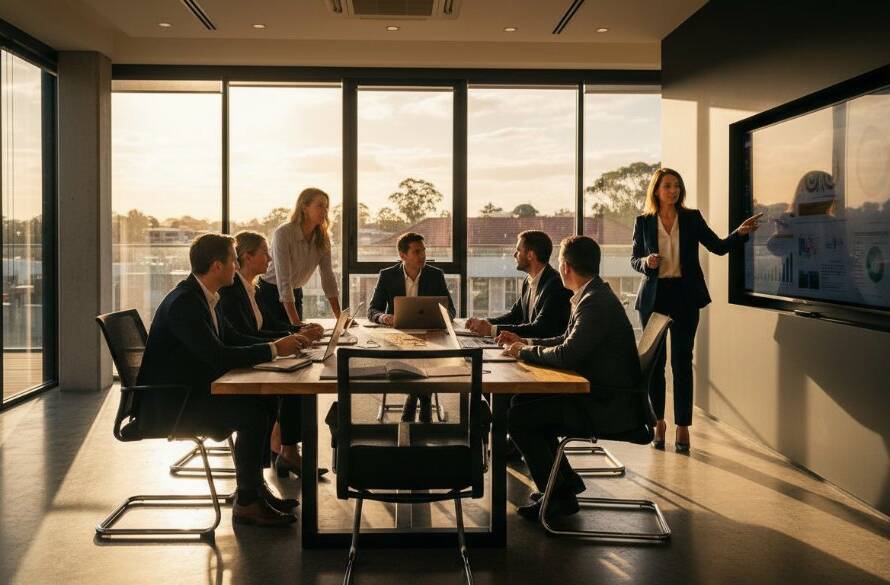 Dynamic wide-angle photograph capturing a diverse team of professionals in Forest Hill, expertly lit and smiling confidently in a modern office space, showcasing how to elevate Forest Hill business image with corporate photography.