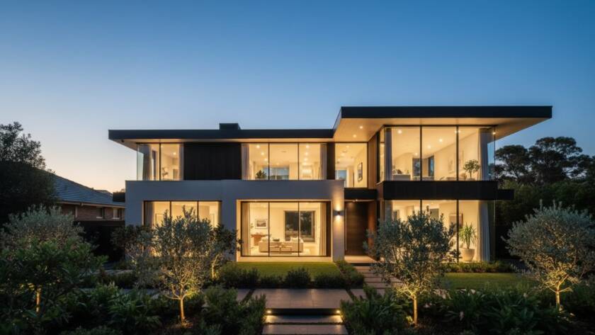 An epic, wide-angle, twilight photograph showcasing a beautifully staged modern home in Forest Hill, bathed in the golden hour glow, with its interiors brightly lit, dramatically elevating Forest Hill property listings with professional real estate photography.