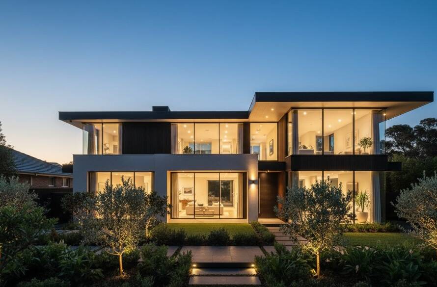 An epic, wide-angle, twilight photograph showcasing a beautifully staged modern home in Forest Hill, bathed in the golden hour glow, with its interiors brightly lit, dramatically elevating Forest Hill property listings with professional real estate photography.