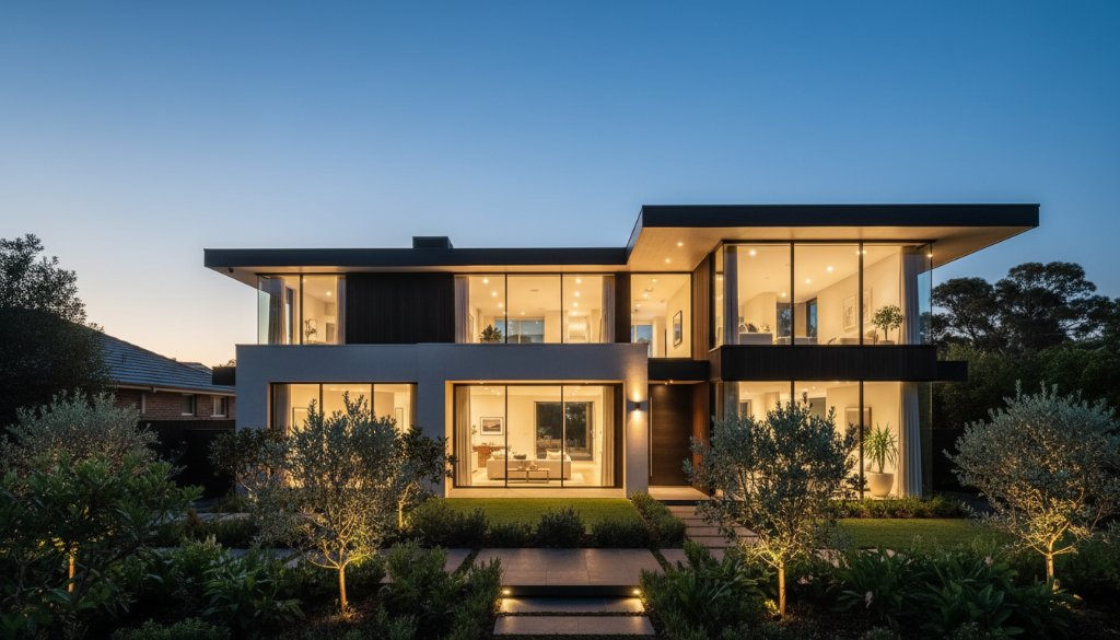 An epic, wide-angle, twilight photograph showcasing a beautifully staged modern home in Forest Hill, bathed in the golden hour glow, with its interiors brightly lit, dramatically elevating Forest Hill property listings with professional real estate photography.