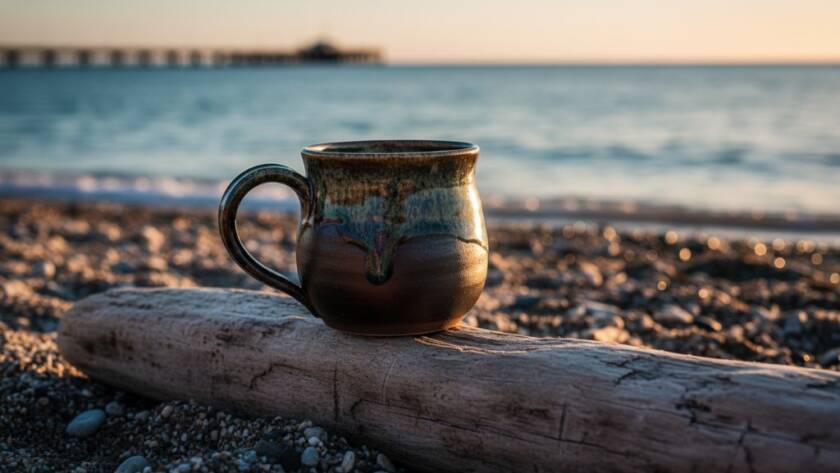 Dramatic, low-angle shot of a beautifully lit artisan ceramic mug, handcrafted by a local Frankston South artist, showcasing its unique texture and glaze, with a softly blurred backdrop of the Frankston South foreshore at golden hour. This image highlights the power of professional product photography to elevate Frankston South brands, capturing intricate details and creating a luxurious feel.