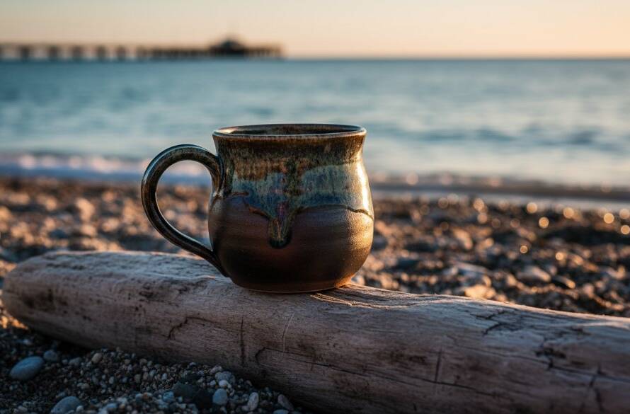 Dramatic, low-angle shot of a beautifully lit artisan ceramic mug, handcrafted by a local Frankston South artist, showcasing its unique texture and glaze, with a softly blurred backdrop of the Frankston South foreshore at golden hour. This image highlights the power of professional product photography to elevate Frankston South brands, capturing intricate details and creating a luxurious feel.