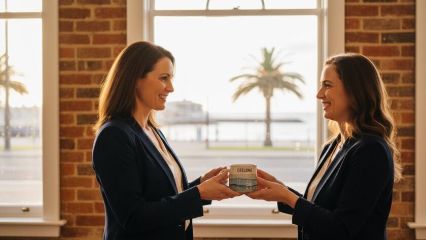 An epic moment photograph showcasing a vibrant Geelong waterfront business owner proudly presenting their new product, illuminated by dramatic golden hour light, reflecting success achieved through professional commercial photography services by Image by SD.