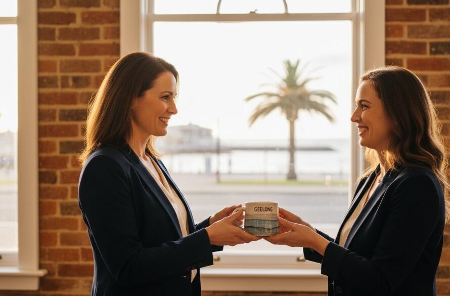An epic moment photograph showcasing a vibrant Geelong waterfront business owner proudly presenting their new product, illuminated by dramatic golden hour light, reflecting success achieved through professional commercial photography services by Image by SD.