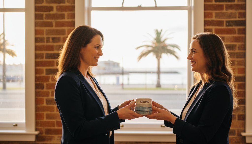 An epic moment photograph showcasing a vibrant Geelong waterfront business owner proudly presenting their new product, illuminated by dramatic golden hour light, reflecting success achieved through professional commercial photography services by Image by SD.