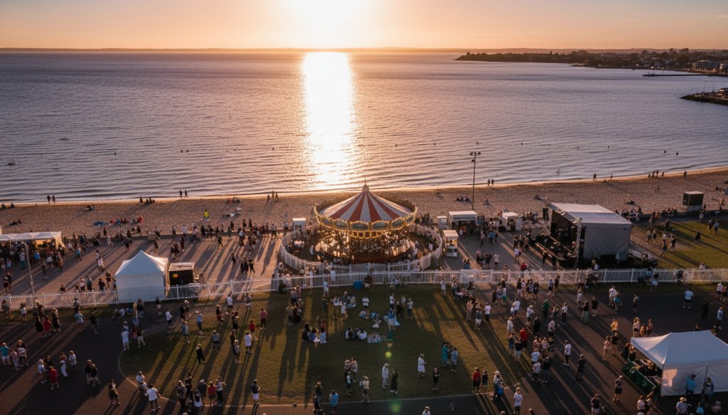 An epic drone shot capturing a vibrant outdoor event along Geelong's waterfront, with the 'Elevate Geelong events drone photography Victoria' perspective, showcasing colourful crowds, sparkling bay waters, and dramatic sunset light.