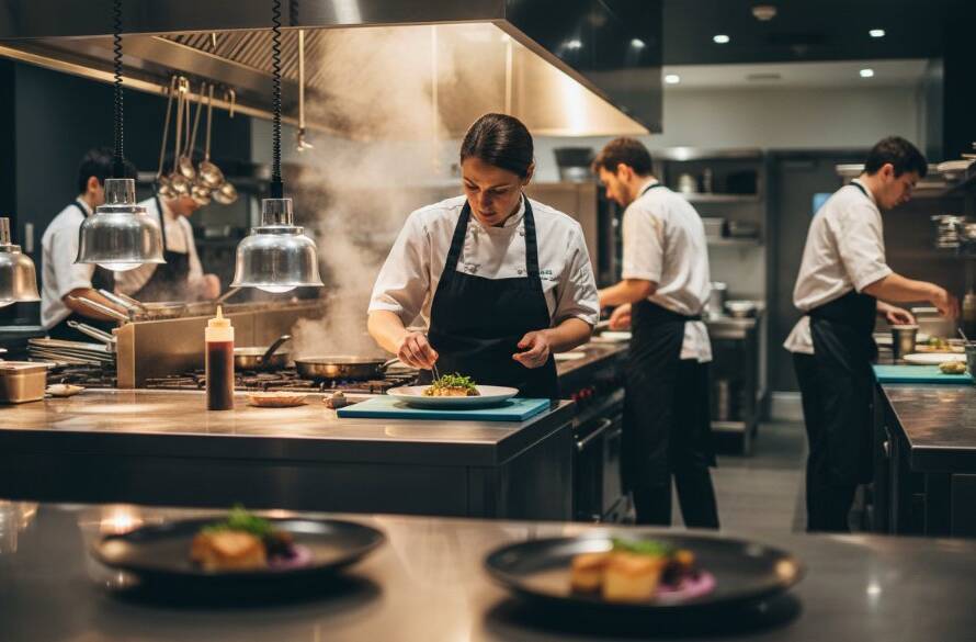 An inspiring, high-angle shot capturing the vibrant activity inside a modern Glen Waverley cafe, showcasing its unique atmosphere and skilled barista preparing coffee, symbolizing how professional photography can elevate Glen Waverley business branding with expert commercial photography. Dramatic lighting highlights the steam and texture.