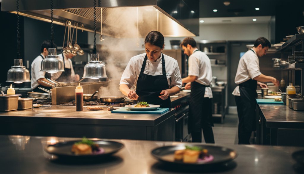 An inspiring, high-angle shot capturing the vibrant activity inside a modern Glen Waverley cafe, showcasing its unique atmosphere and skilled barista preparing coffee, symbolizing how professional photography can elevate Glen Waverley business branding with expert commercial photography. Dramatic lighting highlights the steam and texture.
