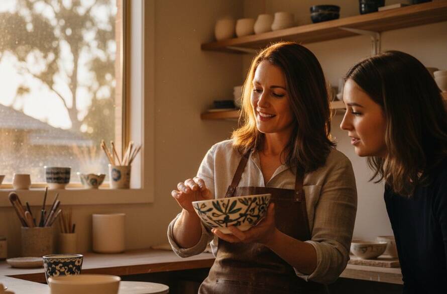 An inspiring, cinematically lit photograph showcasing a successful local business owner in Heatherdale, smiling confidently while engaging with a client, surrounded by beautifully styled products, embodying the essence of elevated Heatherdale brand storytelling photography.