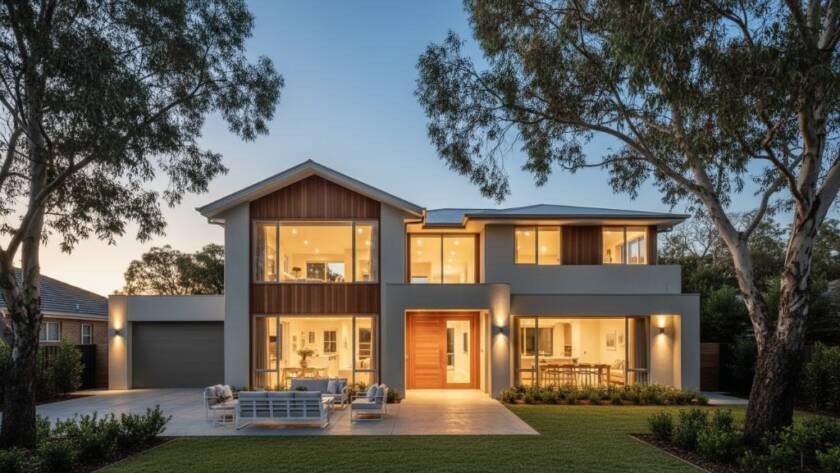 An epic moment captured: A modern, light-filled family home in Heatherdale at twilight, expertly photographed with a warm glow emanating from within, reflecting the tranquil, leafy street. This professional image showcases how to elevate Heatherdale property listings with expert photography, highlighting architectural details and inviting curb appeal.
