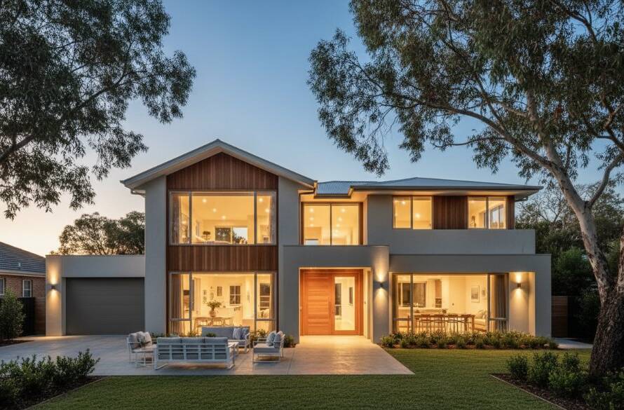 An epic moment captured: A modern, light-filled family home in Heatherdale at twilight, expertly photographed with a warm glow emanating from within, reflecting the tranquil, leafy street. This professional image showcases how to elevate Heatherdale property listings with expert photography, highlighting architectural details and inviting curb appeal.