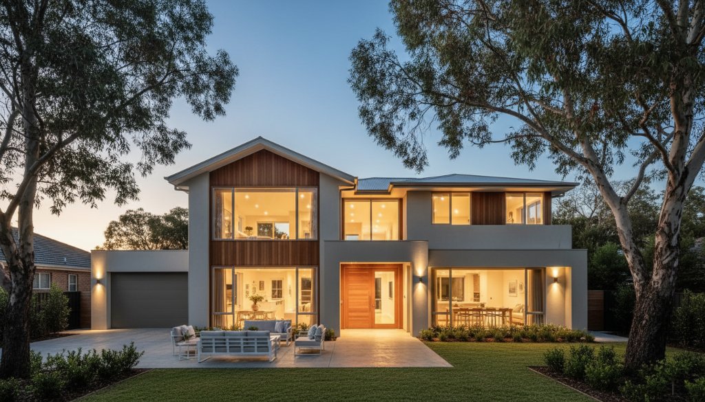 An epic moment captured: A modern, light-filled family home in Heatherdale at twilight, expertly photographed with a warm glow emanating from within, reflecting the tranquil, leafy street. This professional image showcases how to elevate Heatherdale property listings with expert photography, highlighting architectural details and inviting curb appeal.
