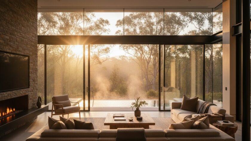 Dramatic, wide-angle shot of a luxurious mineral spring retreat in Hepburn Springs at sunset, with warm interior lights glowing, expertly captured by professional real estate photography to elevate its listing appeal.