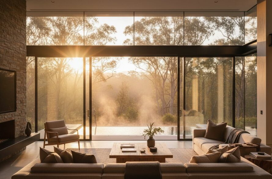 Dramatic, wide-angle shot of a luxurious mineral spring retreat in Hepburn Springs at sunset, with warm interior lights glowing, expertly captured by professional real estate photography to elevate its listing appeal.