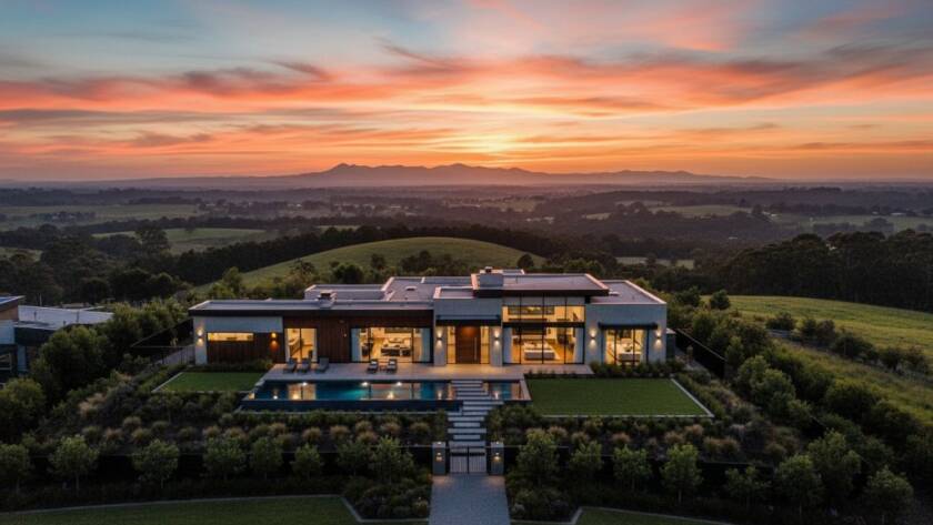 Dramatic wide-angle aerial shot overlooking a beautifully manicured Hillside home at sunset, with golden hour light reflecting off large windows and the Dandenong Ranges in the distance, perfectly showcasing how to elevate Hillside Victoria property listings with professional real estate photography.