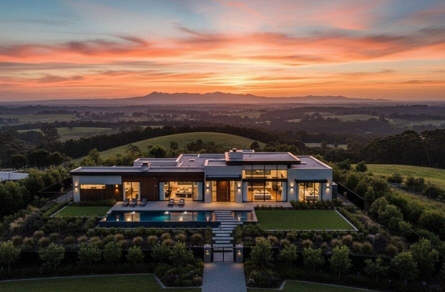 Dramatic wide-angle aerial shot overlooking a beautifully manicured Hillside home at sunset, with golden hour light reflecting off large windows and the Dandenong Ranges in the distance, perfectly showcasing how to elevate Hillside Victoria property listings with professional real estate photography.