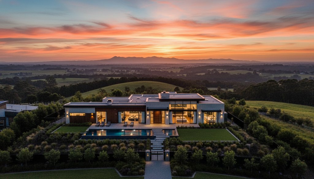 Dramatic wide-angle aerial shot overlooking a beautifully manicured Hillside home at sunset, with golden hour light reflecting off large windows and the Dandenong Ranges in the distance, perfectly showcasing how to elevate Hillside Victoria property listings with professional real estate photography.