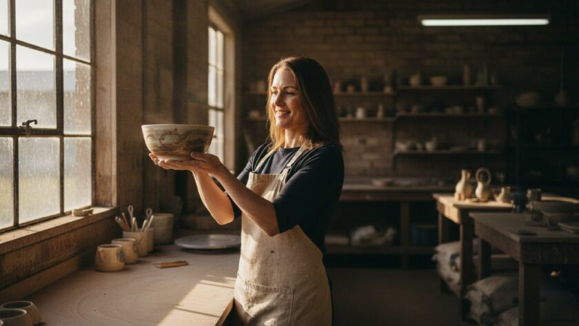 An inspiring, wide-angle shot of a passionate artisan proudly showcasing their handcrafted product inside their Horsham workshop, illuminated by dramatic golden hour light streaming through a large window, embodying the essence of elevate Horsham small business branding photography.